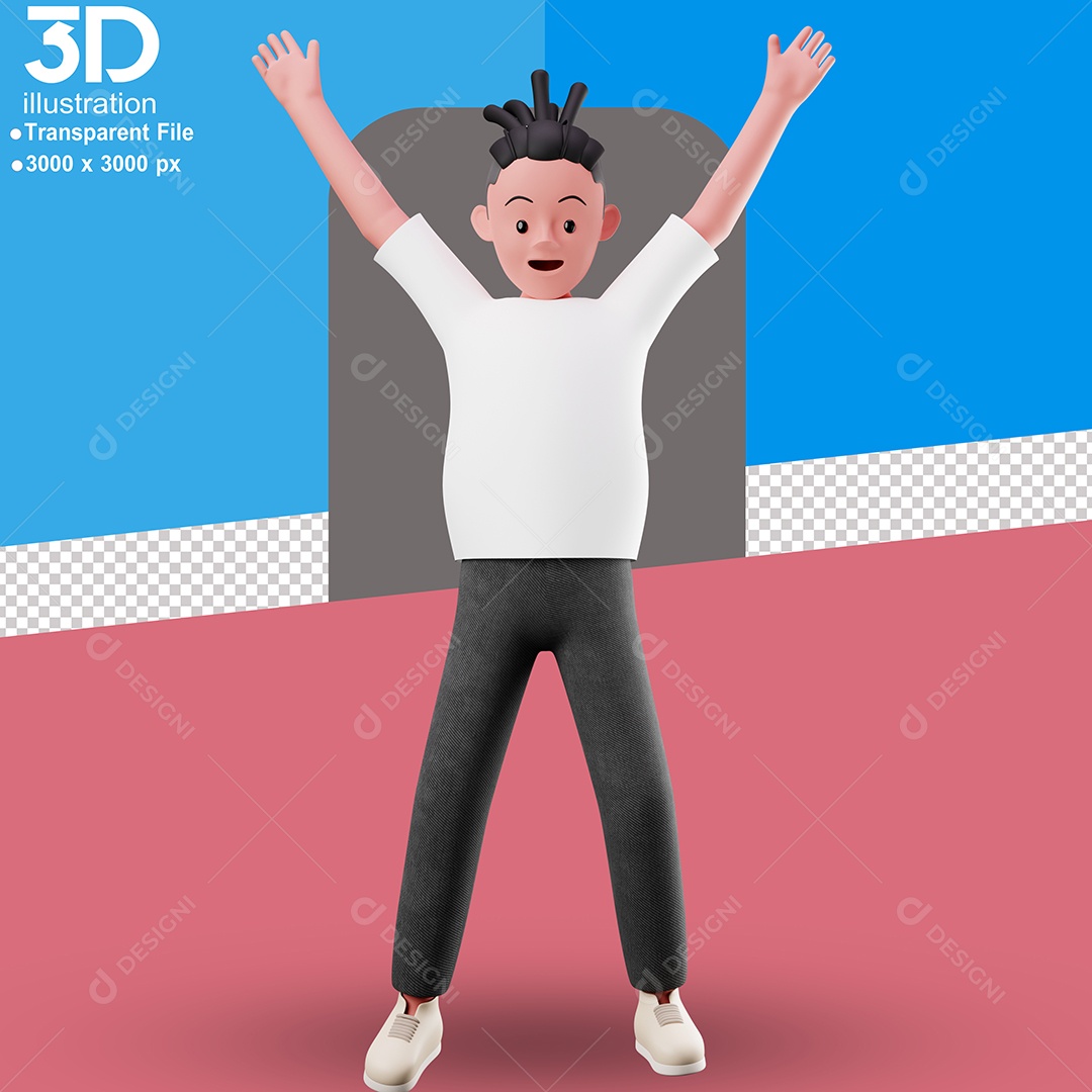 Personagem Comemorando Algo com Braços Levantados Elemento 3D para Composição PSD