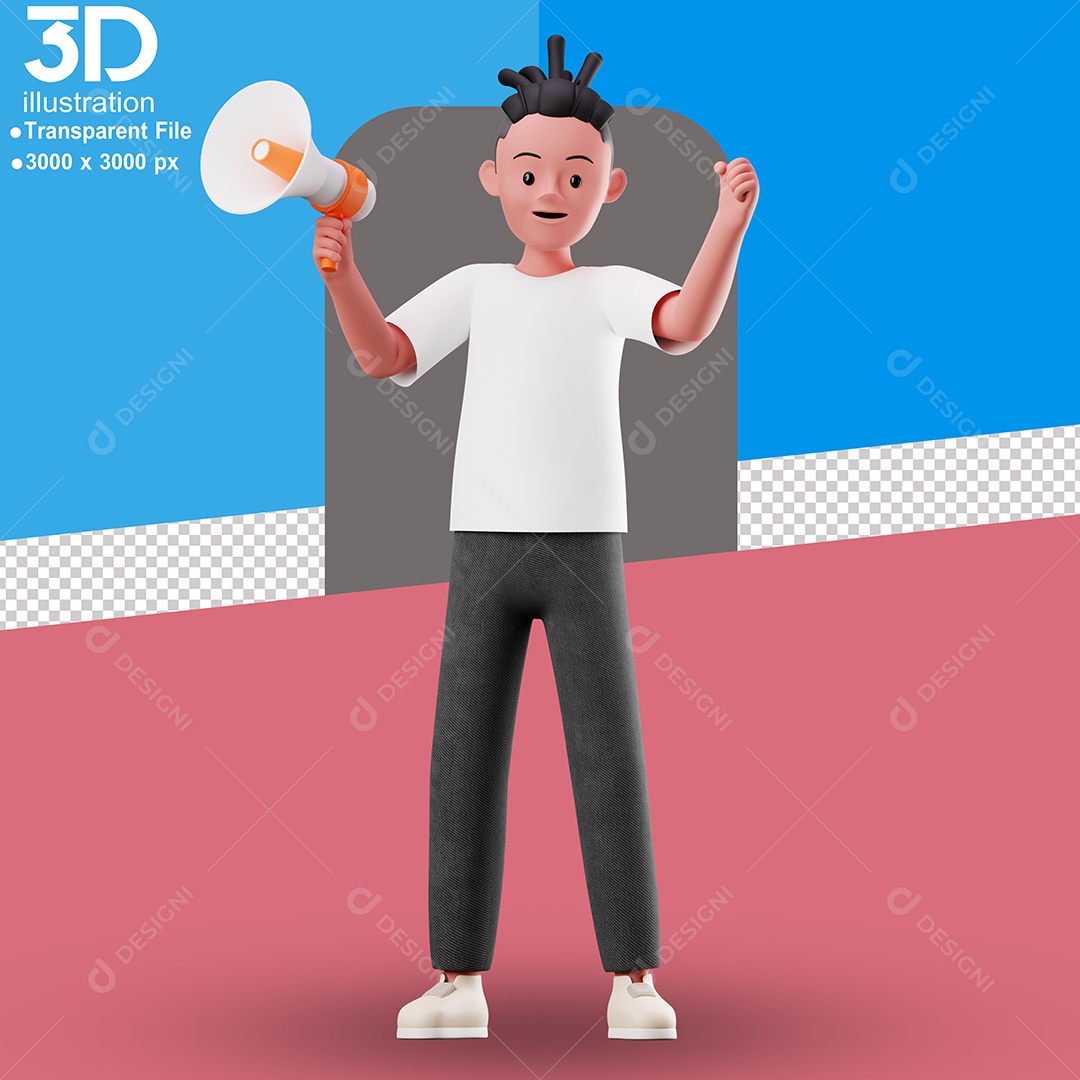 Personagem Comemorando com Alto Falante Elemento 3D para Composição PSD