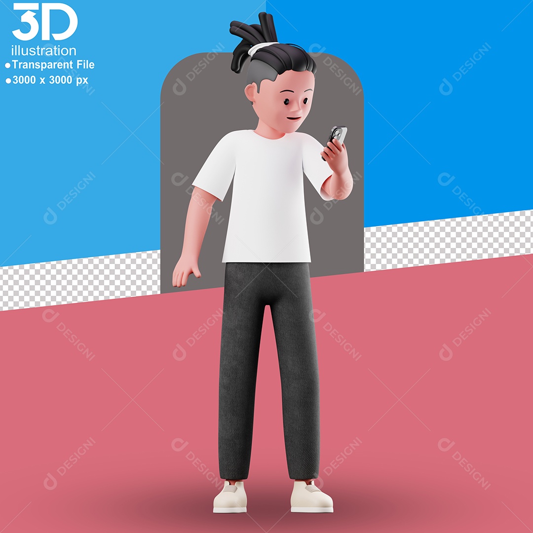 Personagem Olhando em Celular Elemento 3D para Composição PSD