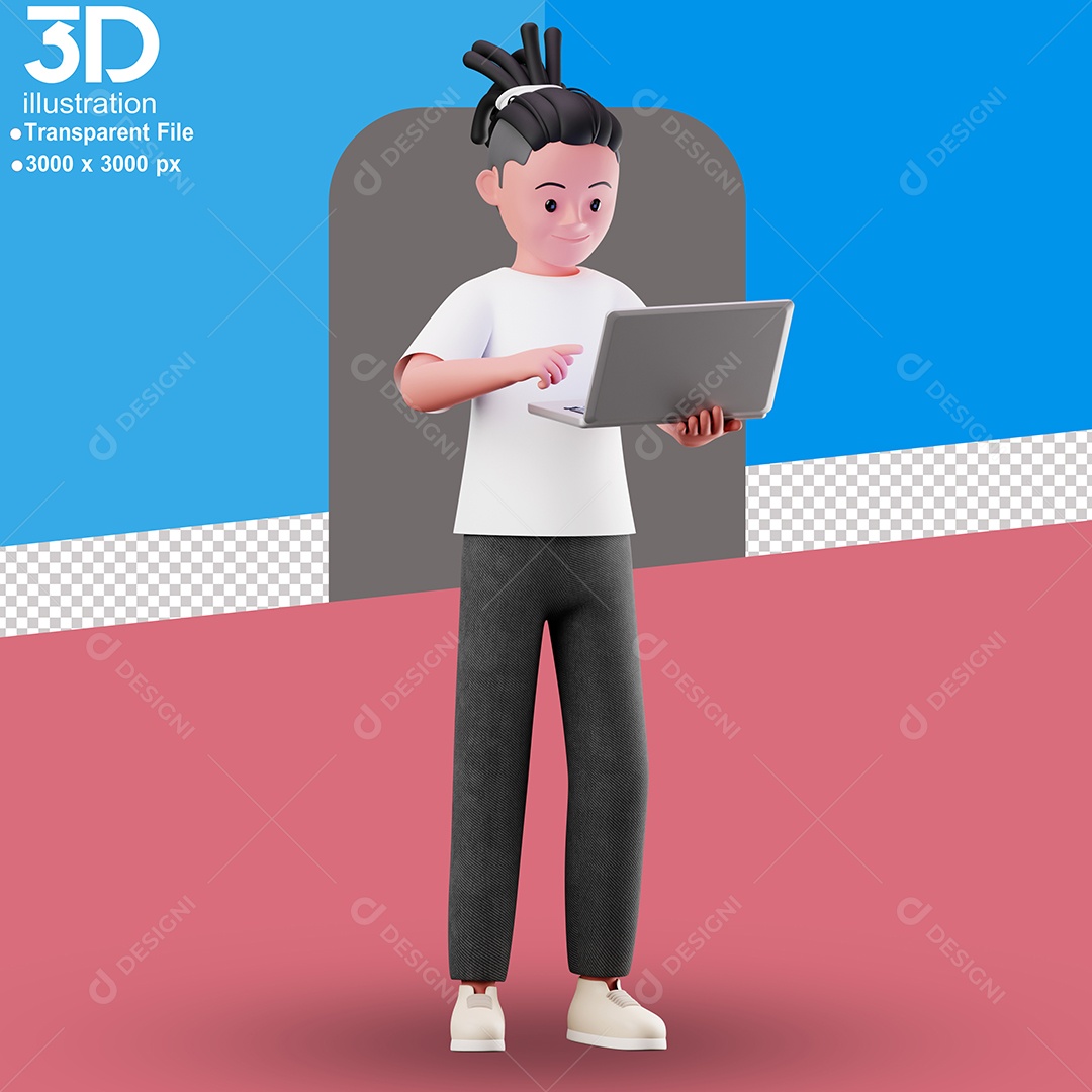Personagem Mechando em Notebook Elemento 3D para Composição PSD