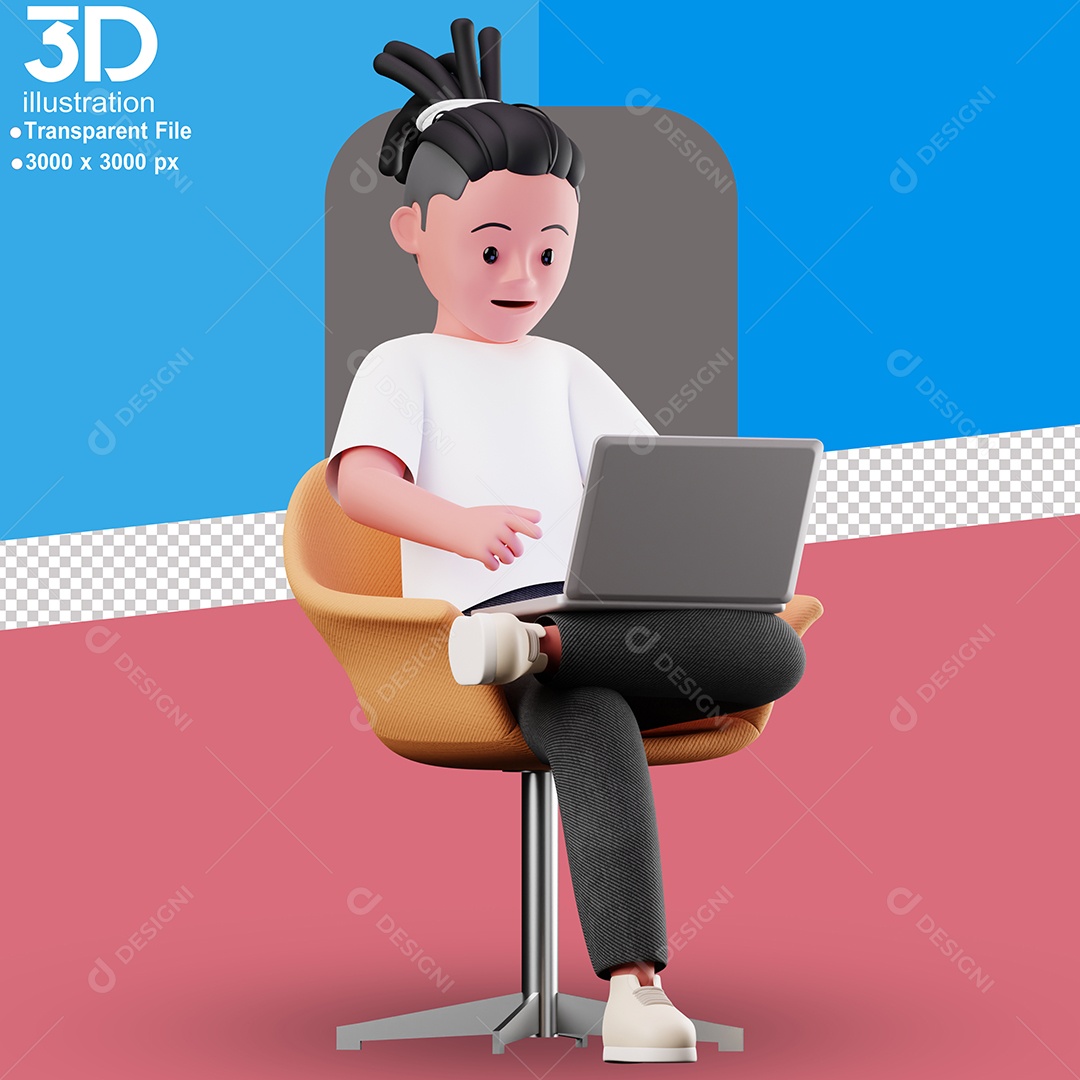 Personagem Sentado em Poltrona Mexendo em Notebook Elemento 3D para Composição PSD