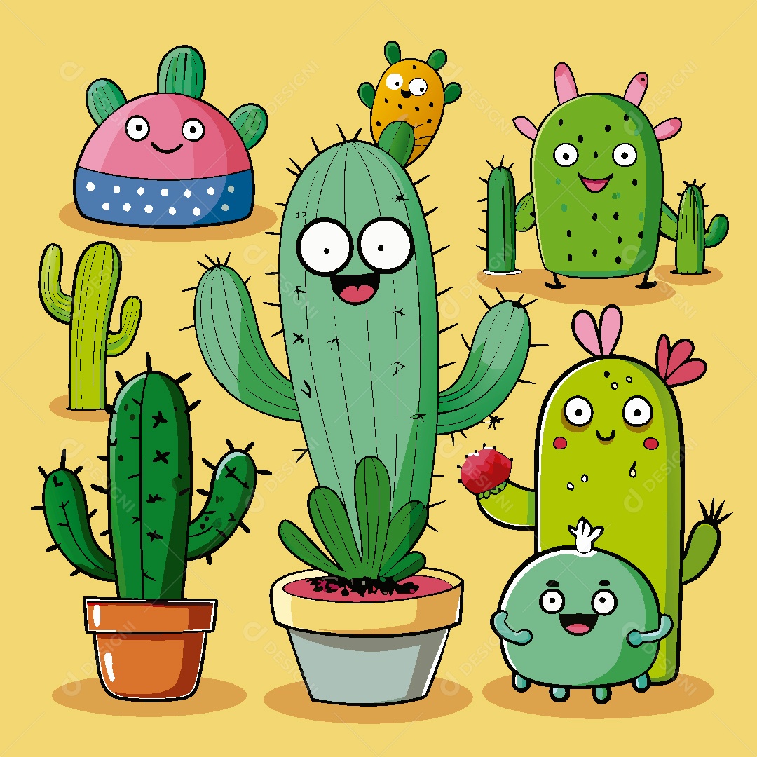 Conjunto de Personagem de Cacto Ilustração Vetor EPS
