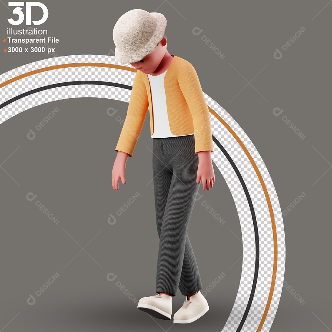 Personagem Andando Triste Elemento 3D para Composição PSD