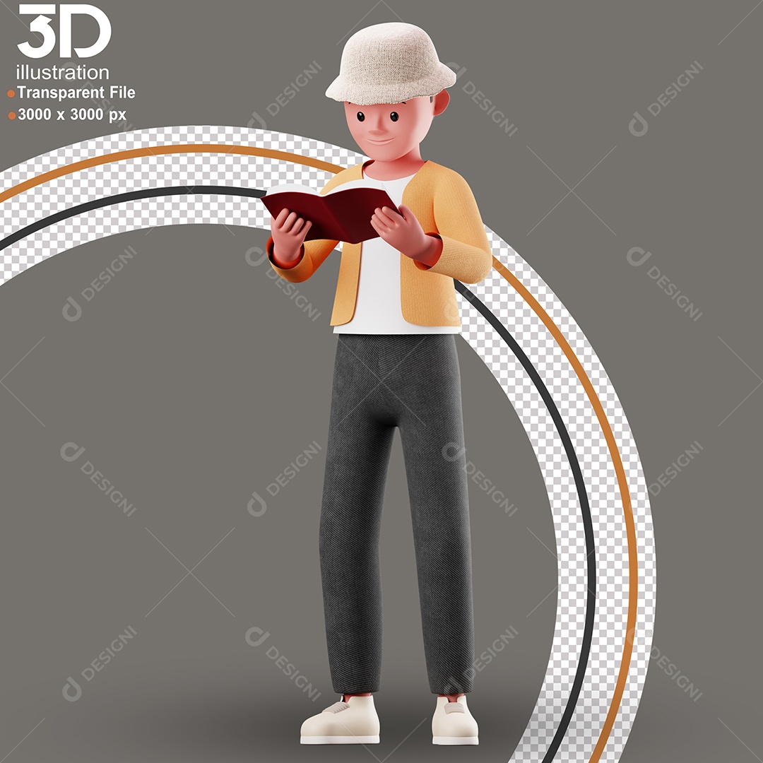 Personagem Em pé Lendo Livro Elemento 3D para Composição PSD