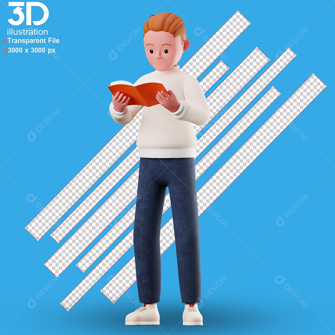 Personagem Em pé Lendo Livro Elemento 3D para Composição PSD