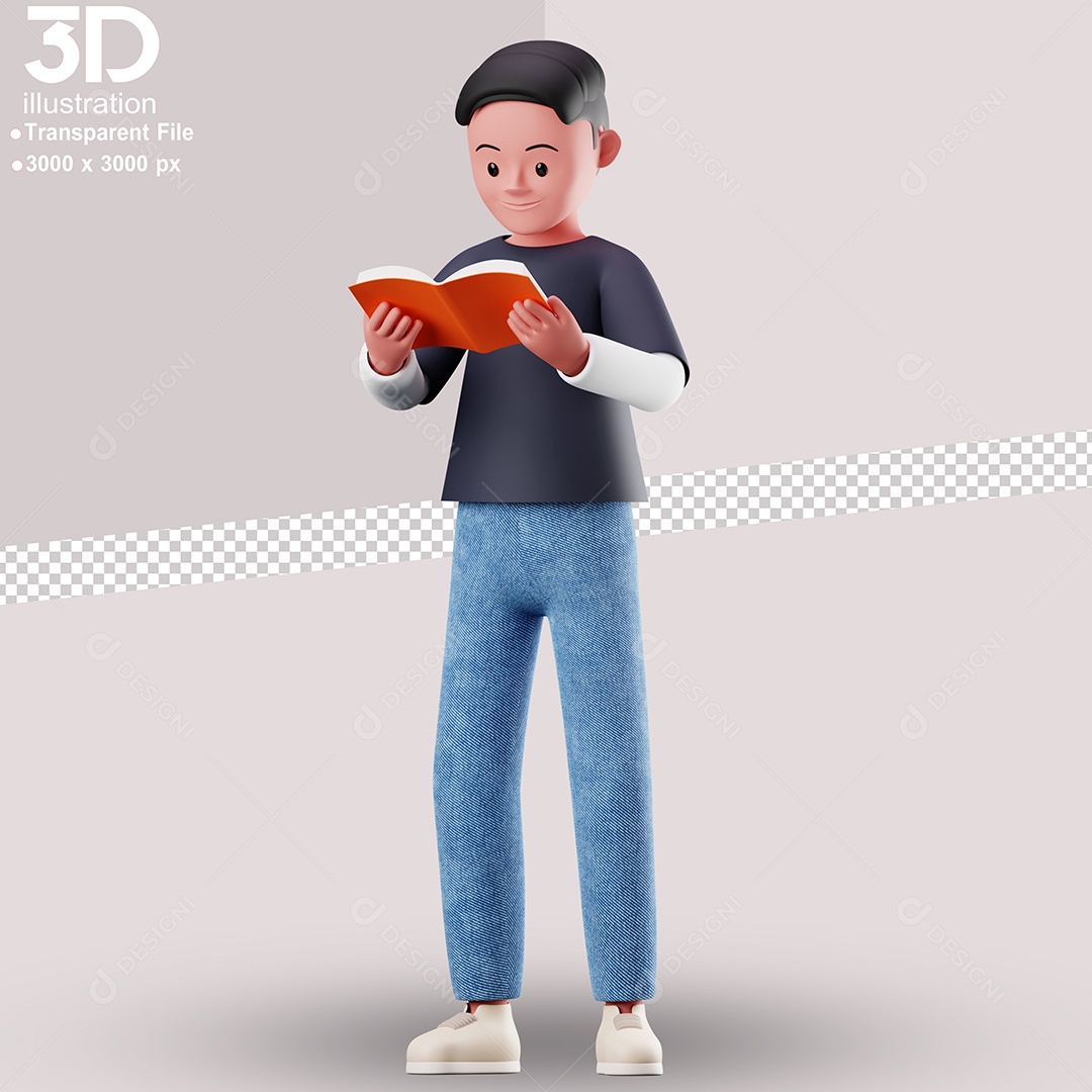 Personagem Lendo Livro Elemento 3D para Composição PSD