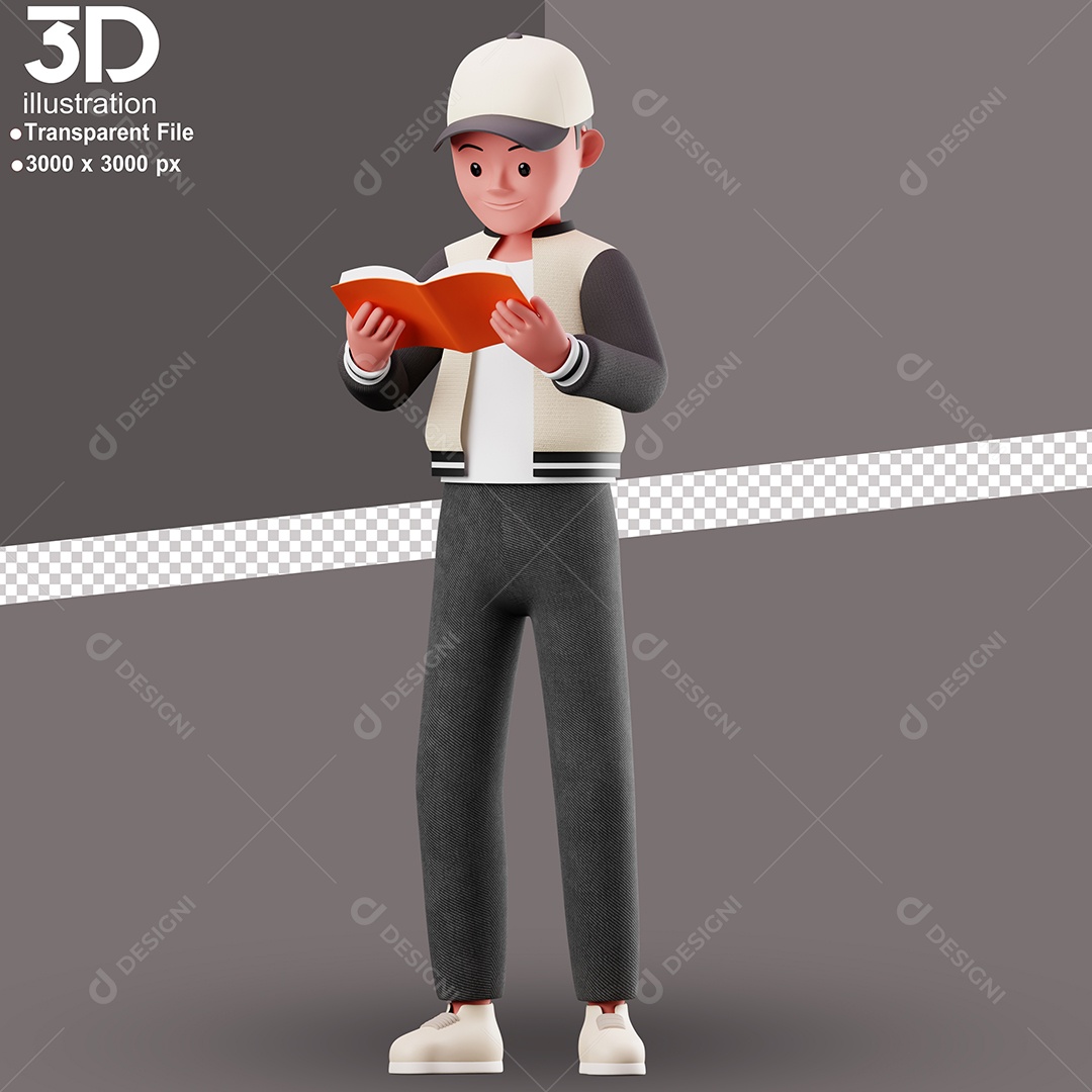 Personagem Lendo Livro Elemento 3D para Composição PSD