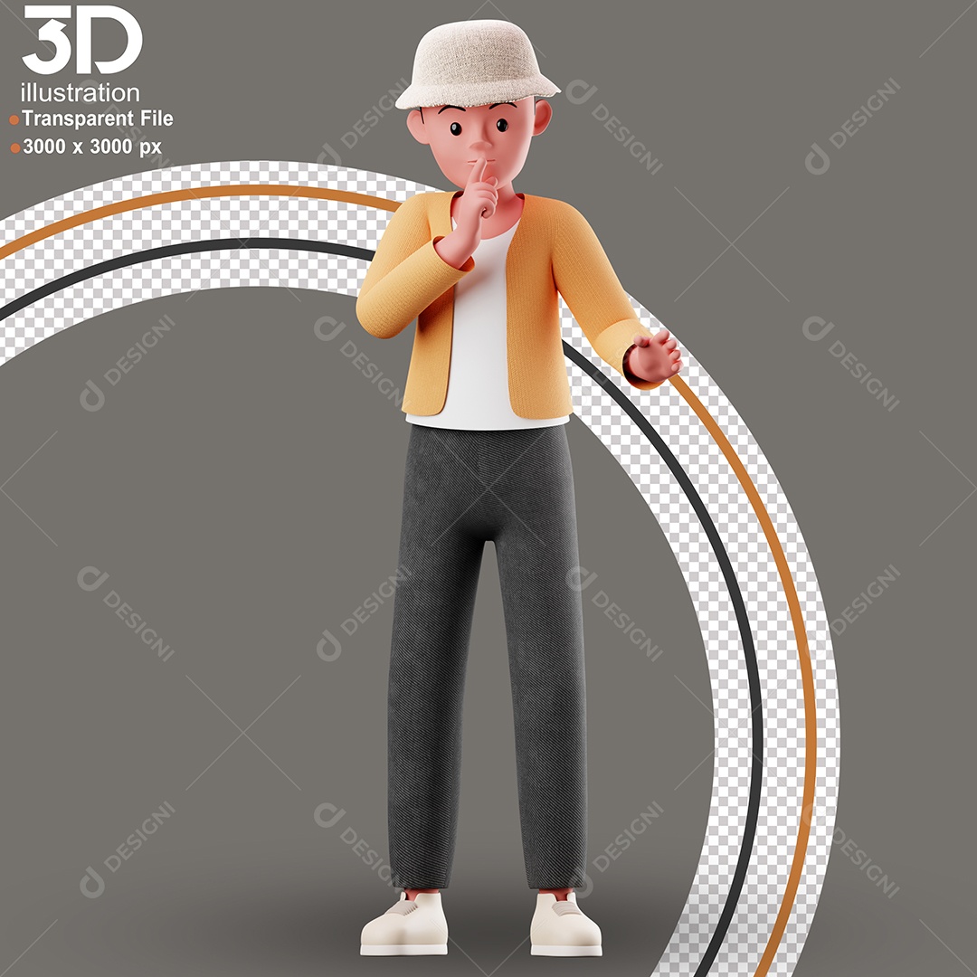 Personagem Fazendo Sinal de Silêncio Elemento 3D para Composição PSD