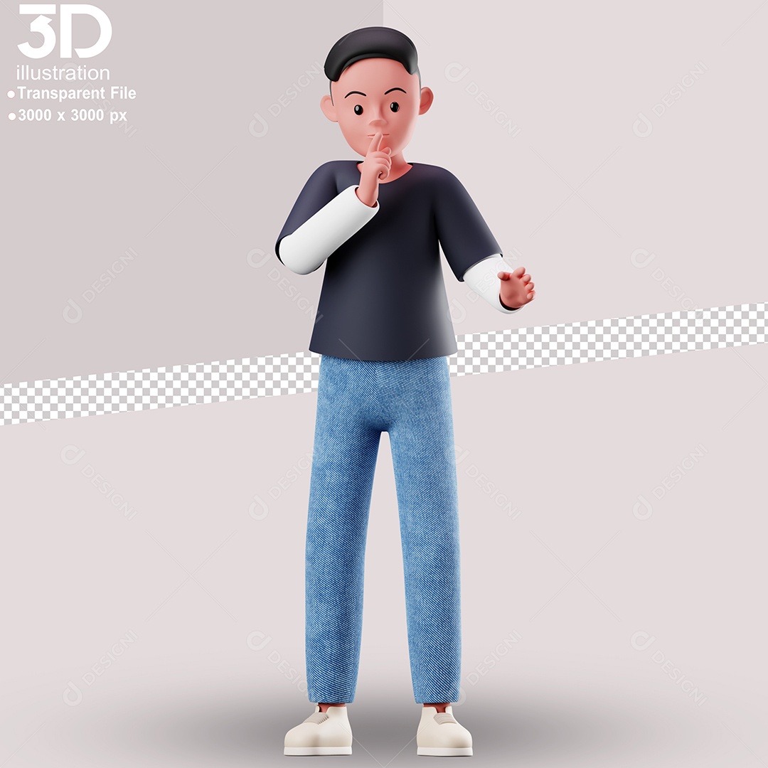 Personagem Fazendo Sinal de Silêncio Elemento 3D para Composição PSD