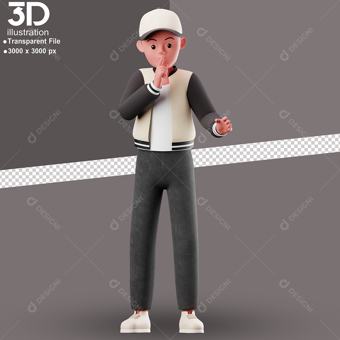Personagem Fazendo Sinal de Silêncio Elemento 3D para Composição PSD