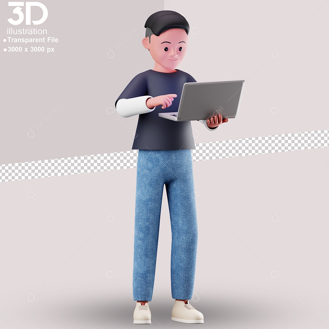 Personagem Mexendo no Notebook Elemento 3D para Composição PSD