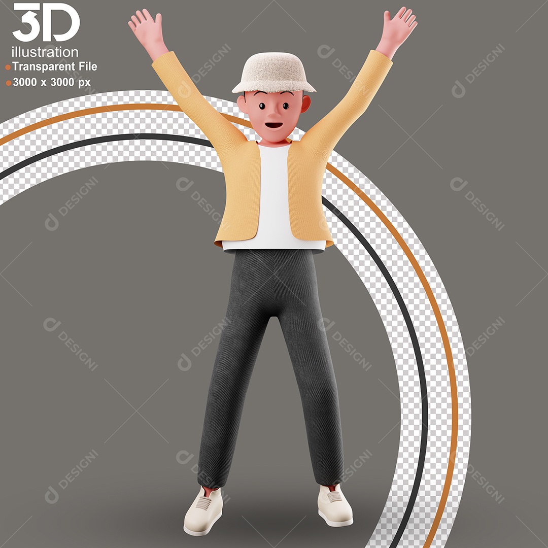 Personagem Feliz com Braços Erguidos Elemento 3D para Composição PSD