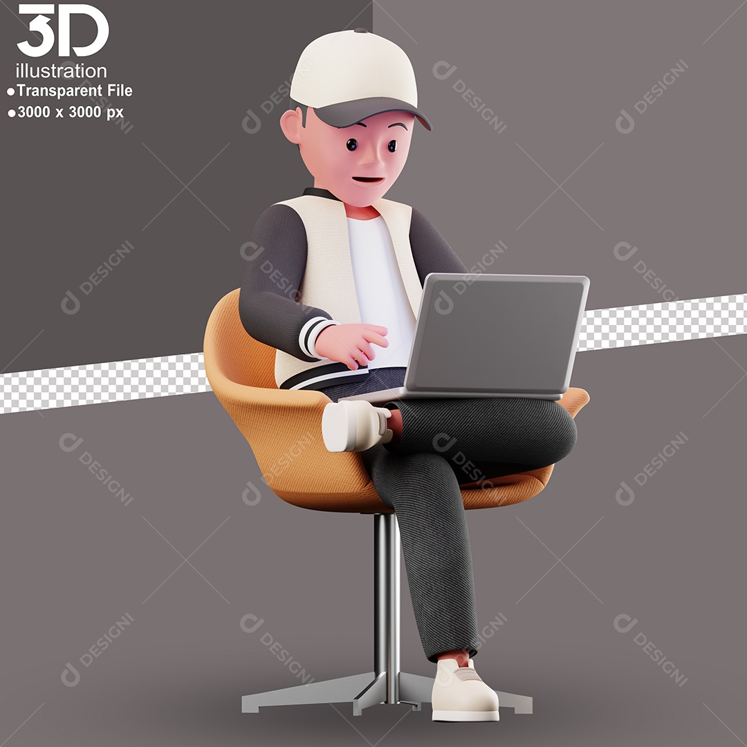 Personagem Sentado em Uma Poltrona Mexendo No Notebook Elemento 3D para Composição PSD