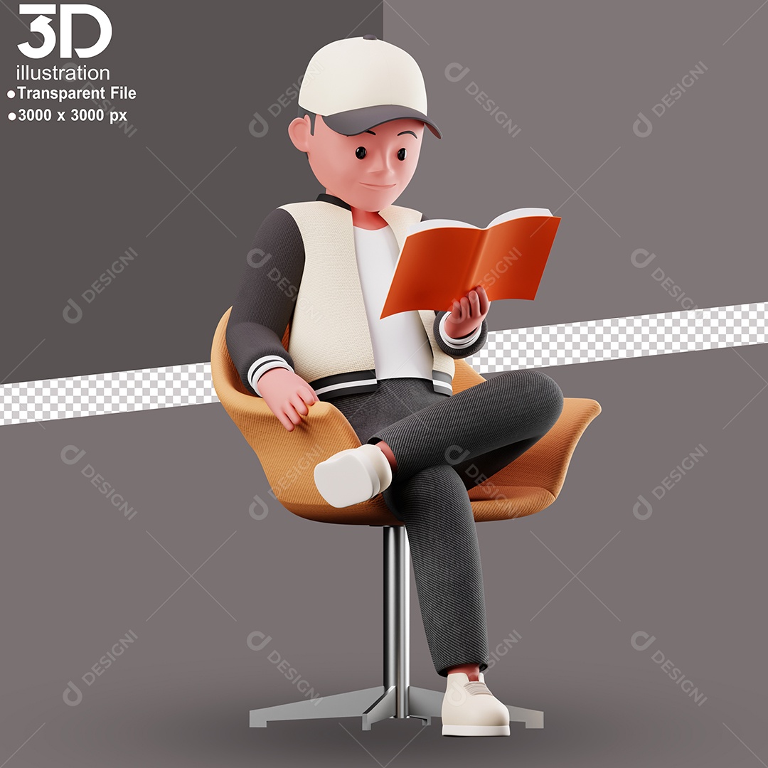 Personagem Sentado em Poltrona Lendo Livro Elemento 3D para Composição PSD