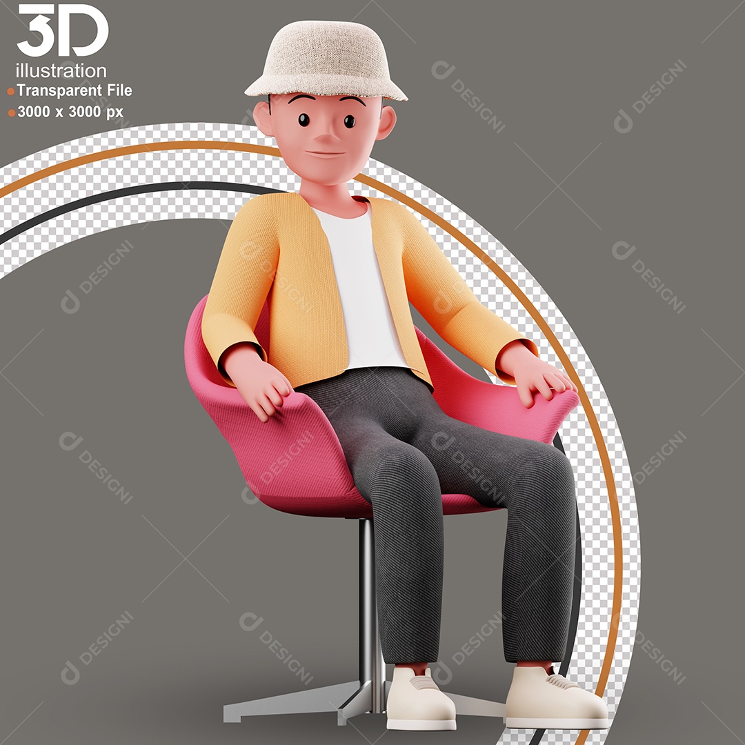 Personagem Sentado em Poltrona Rosa Elemento 3D para Composição PSD