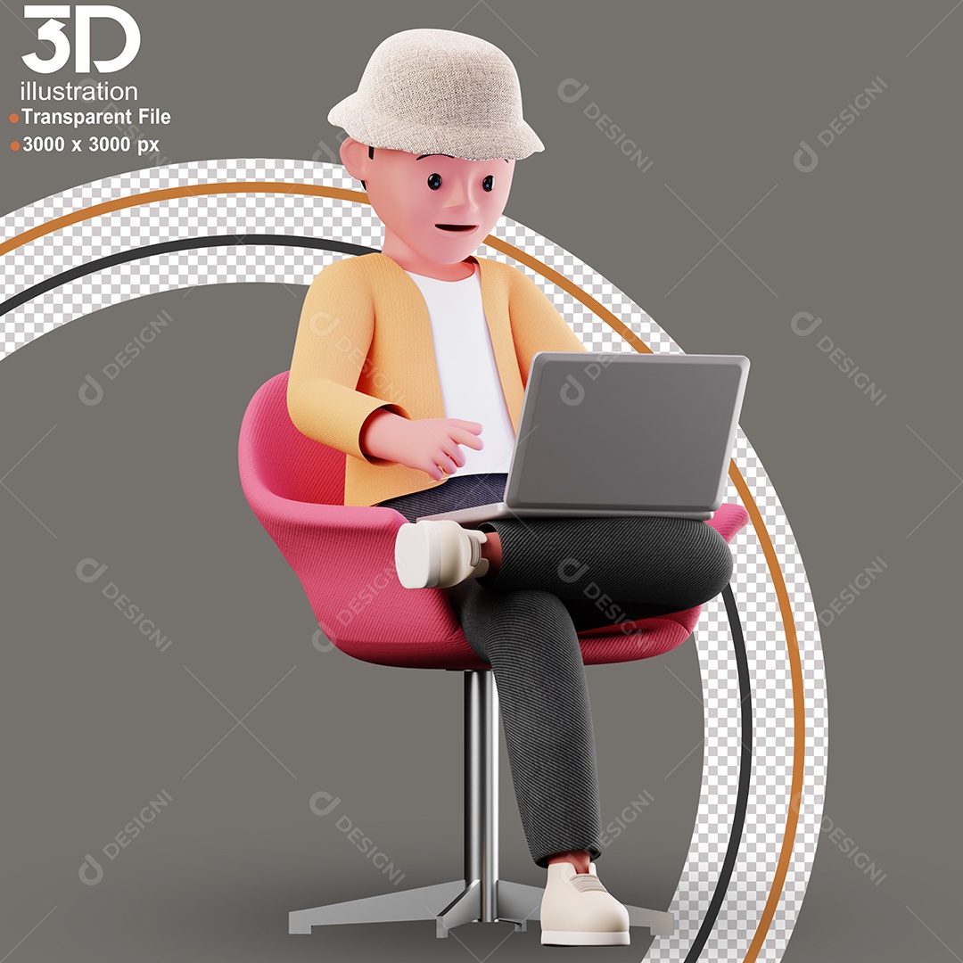 Personagem Sentado em Poltrona Mexendo no Notebook Elemento 3D para Composição PSD