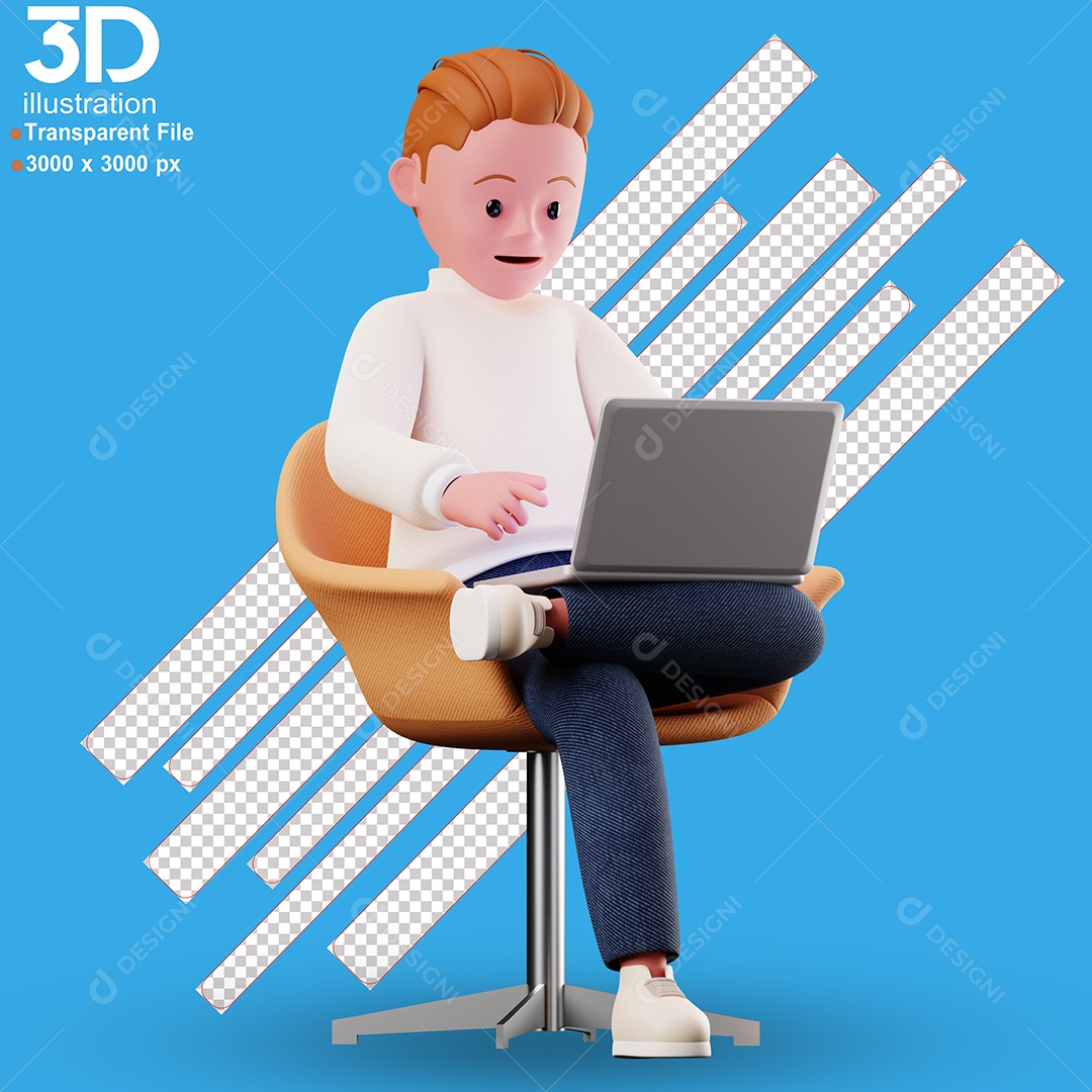 Personagem Sentado Mexendo em Notebook Elemento 3D para Composição PSD