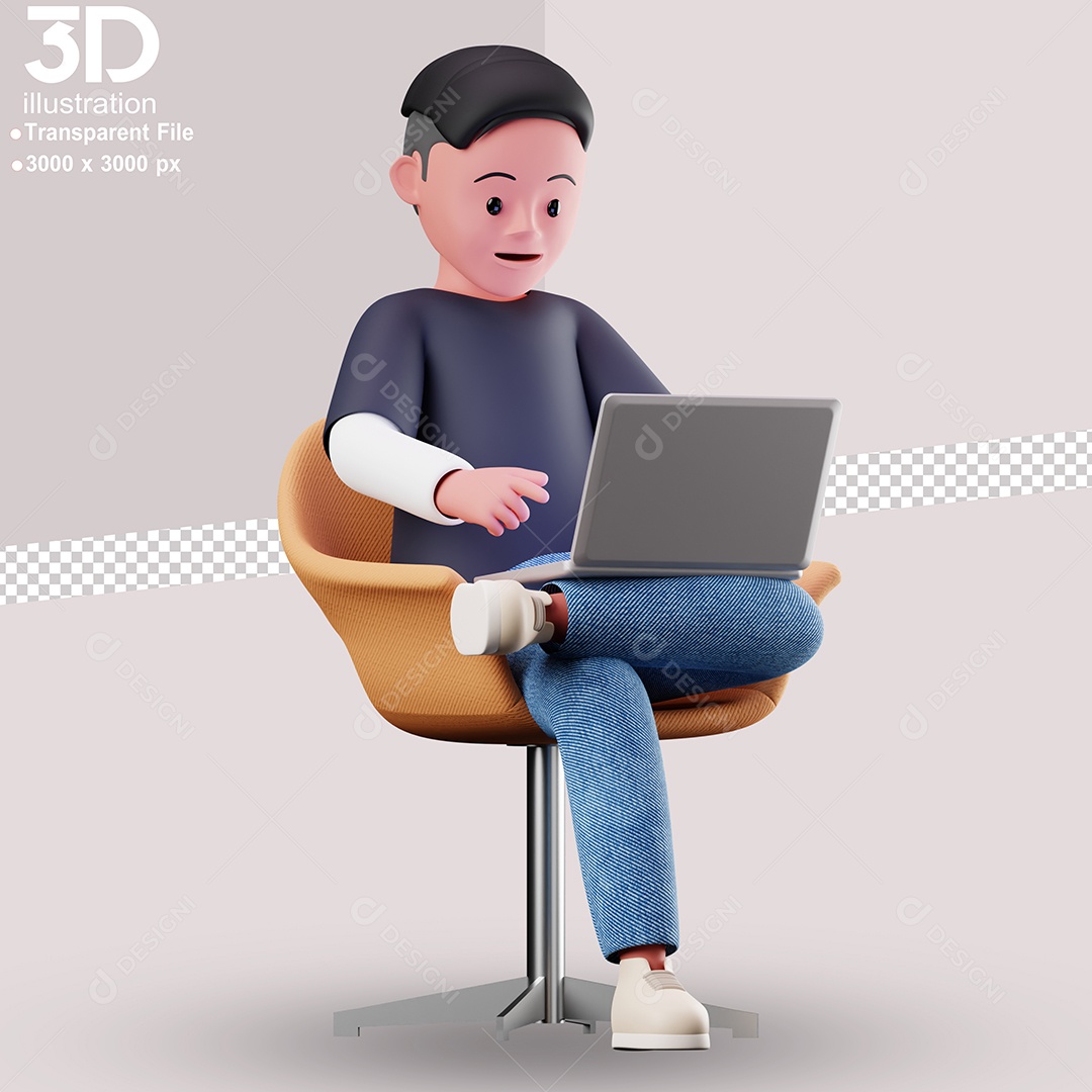 Personagem Sentado Mexendo em Notebook Elemento 3D para Composição PSD