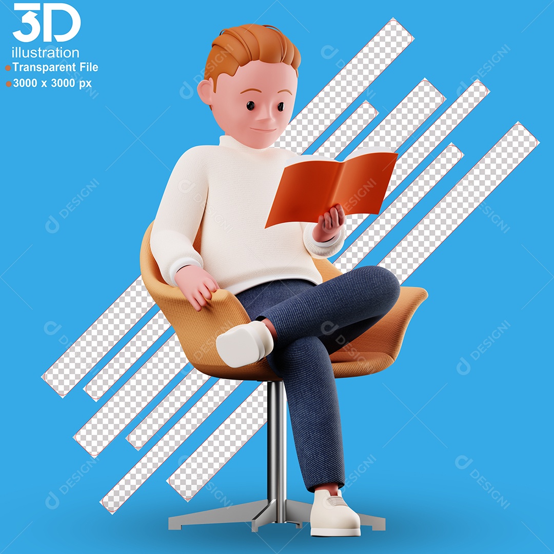 Personagem Sentado Lendo Livro Elemento 3D para Composição PSD