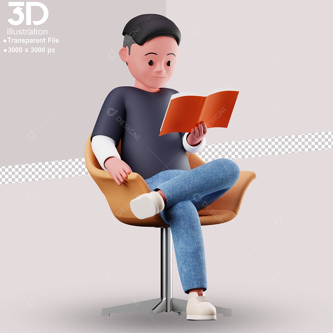 Personagem Sentado Lendo Livro Elemento 3D para Composição PSD