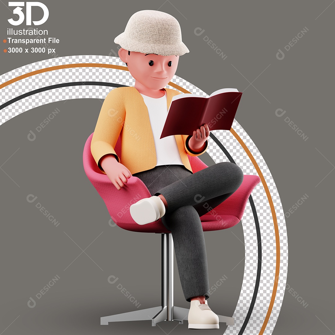 Personagem Sentado Lendo Livro  Elemento 3D para Composição PSD