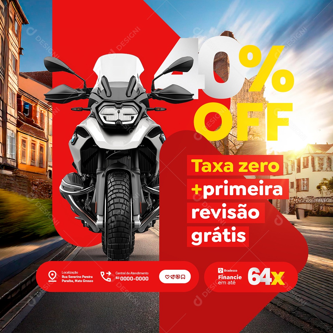 Concessionária de Motos Taxa Zero Primeira Revisão Grátis Social Media PSD Editável