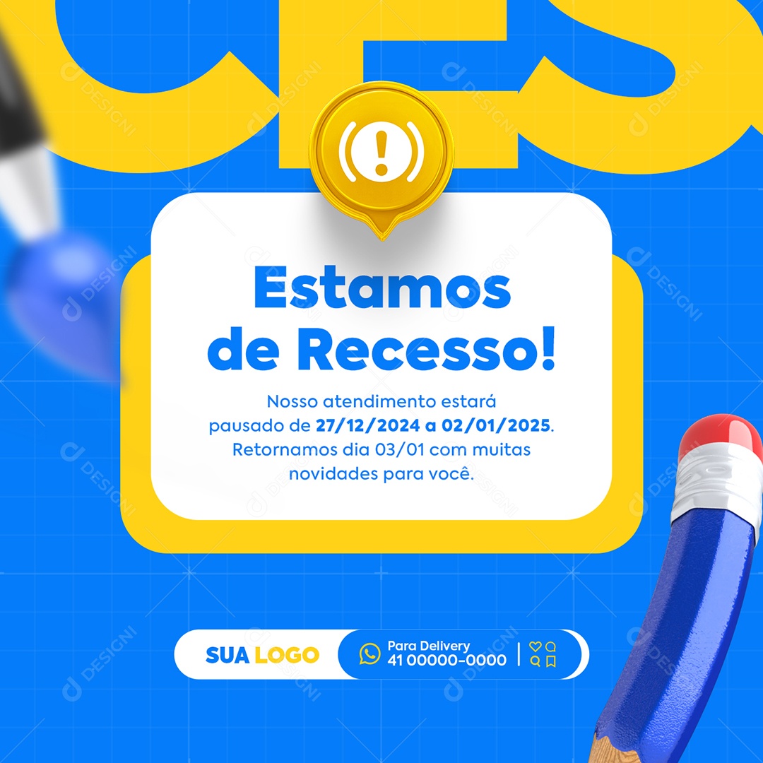 Papelaria Vola às Aulas Estamos de Recesso Social Media PSD Editável