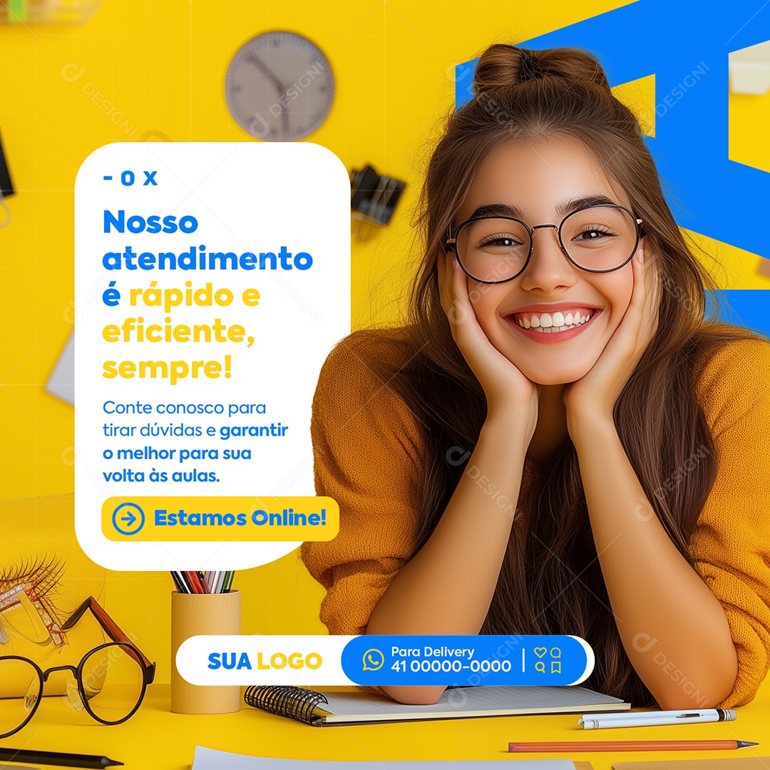 Papelaria Vola às Aulas Nosso Atendimento Social Media PSD Editável