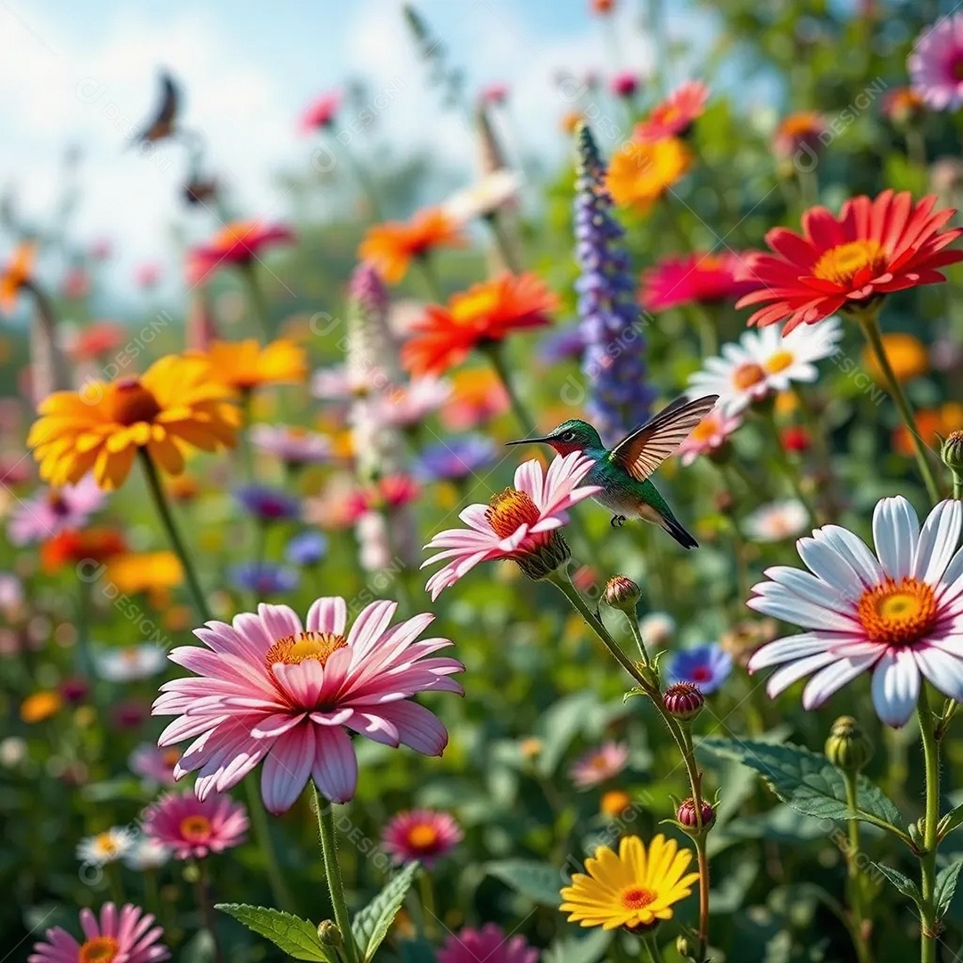 Um jardim vibrante e em plena floração e um beija flor pairando perto de uma flor