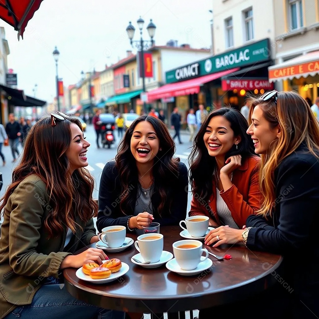 Um grupo de amigas sentados em um café ao ar livre