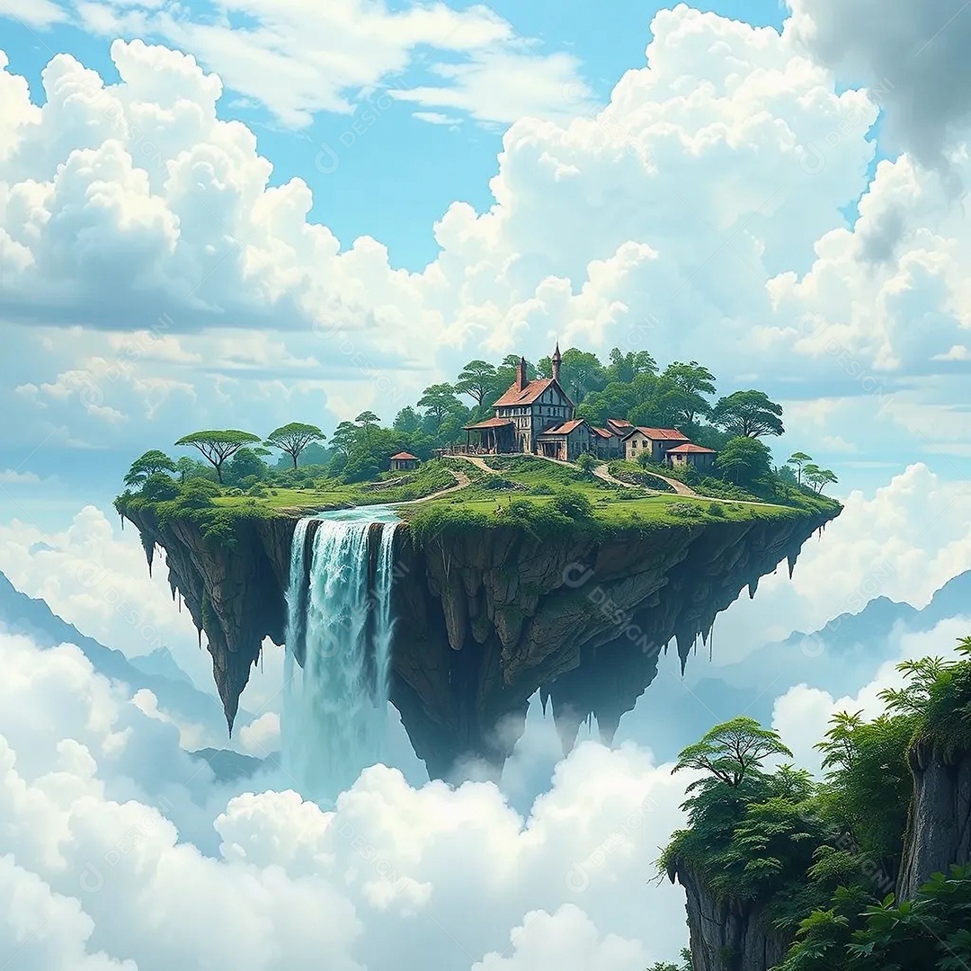 Uma fantástica ilha flutuante com cachoeiras caindo no céu