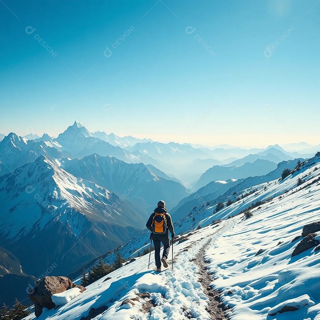 Um trekker subindo uma trilha de montanha coberta de neve