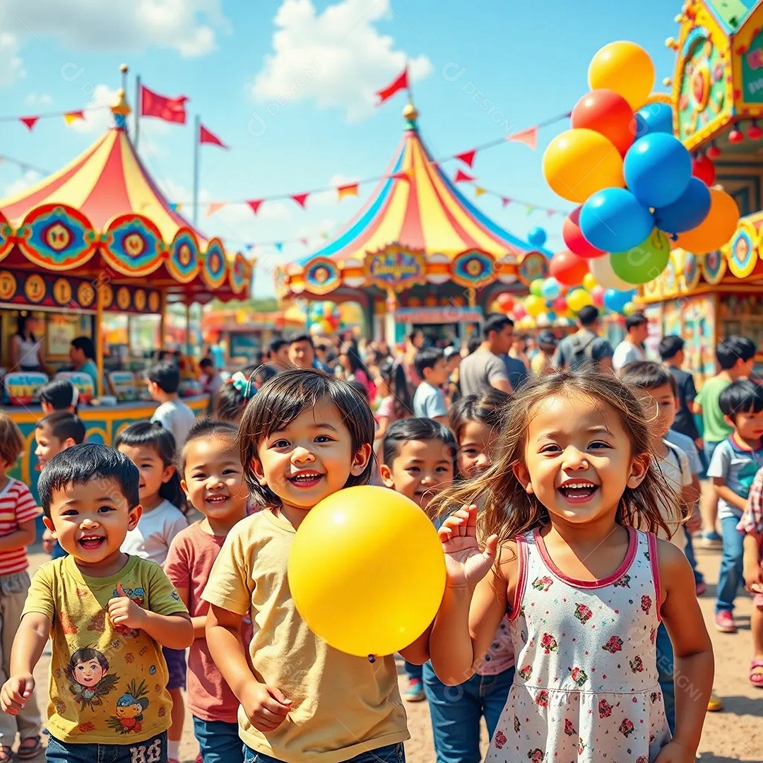 Um cenário animado de crianças curtindo uma feira com brinquedos coloridos