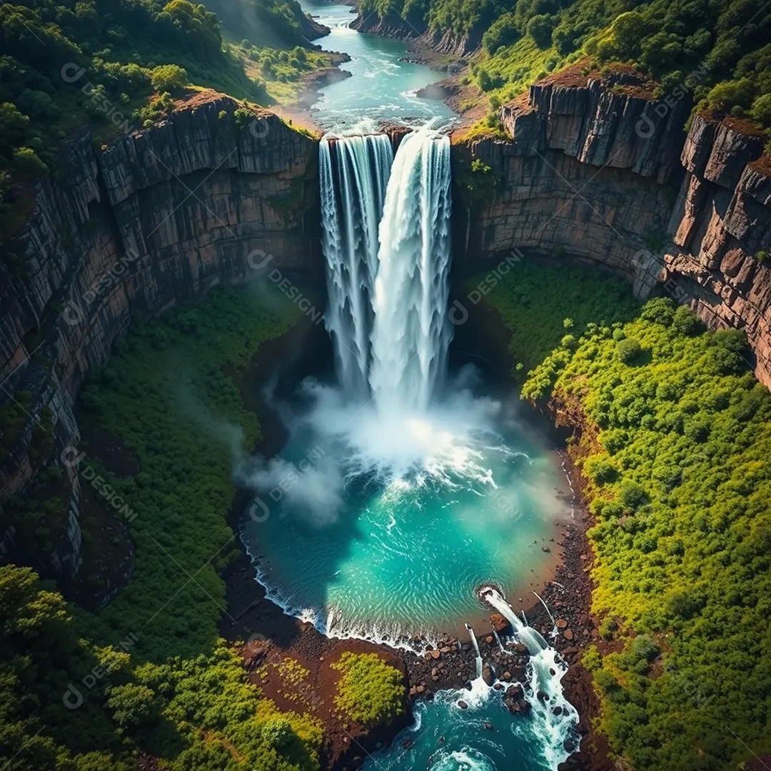 Uma vista aérea de uma majestosa cachoeira caindo em cascata por penhascos