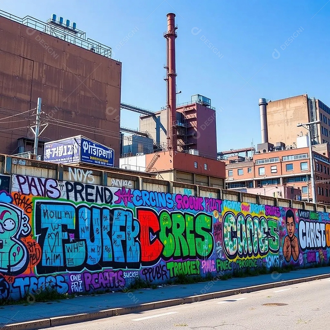 Uma cena urbana vibrante com uma parede coberta de grafites com arte de rua colorida