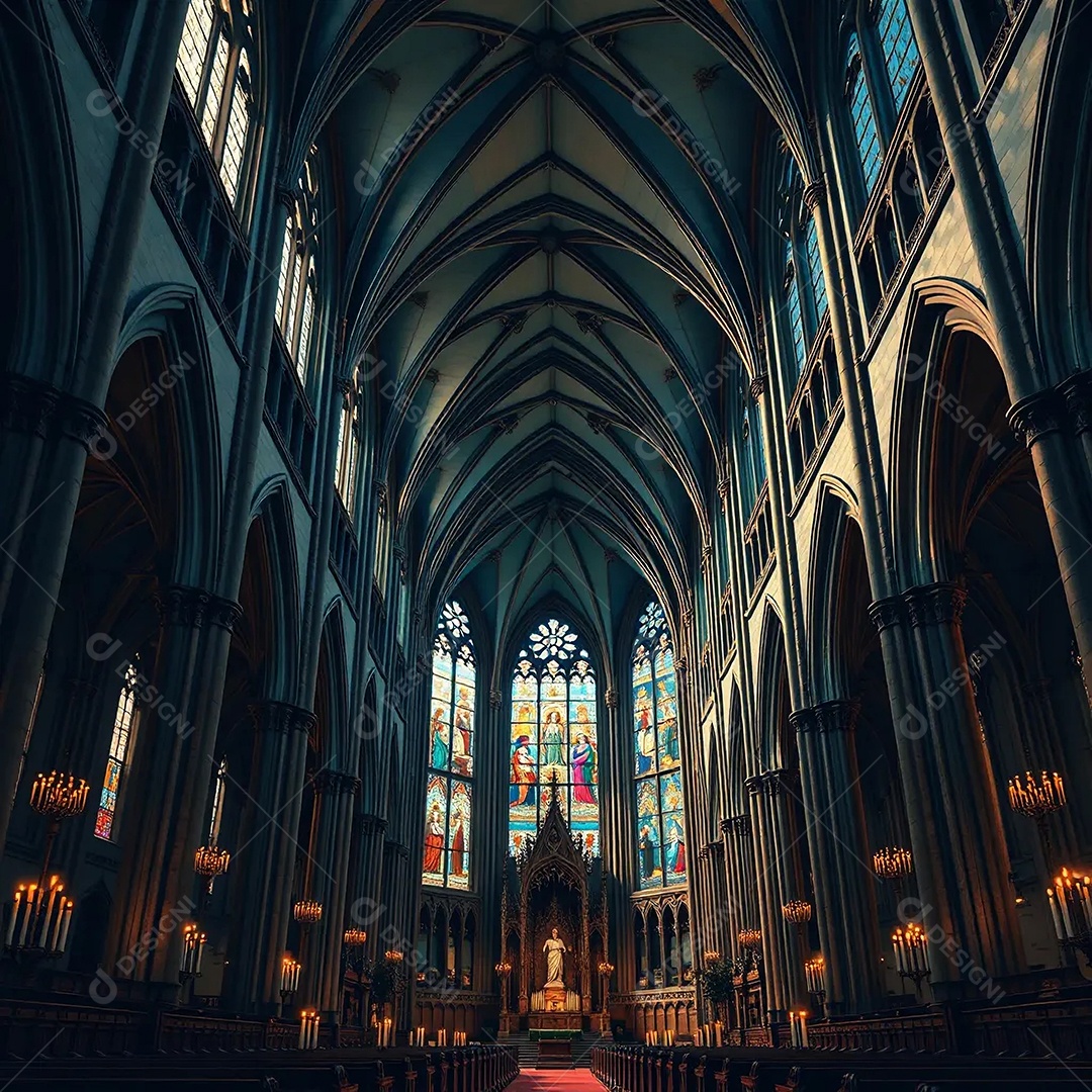 O interior de uma grande catedral gótica com arcos elevados