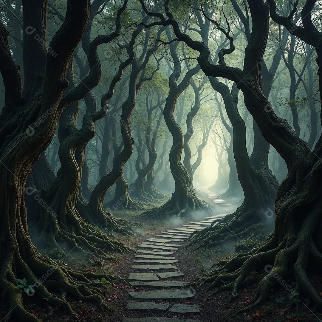Um misterioso caminho na floresta serpenteando por árvores antigas e retorcidas