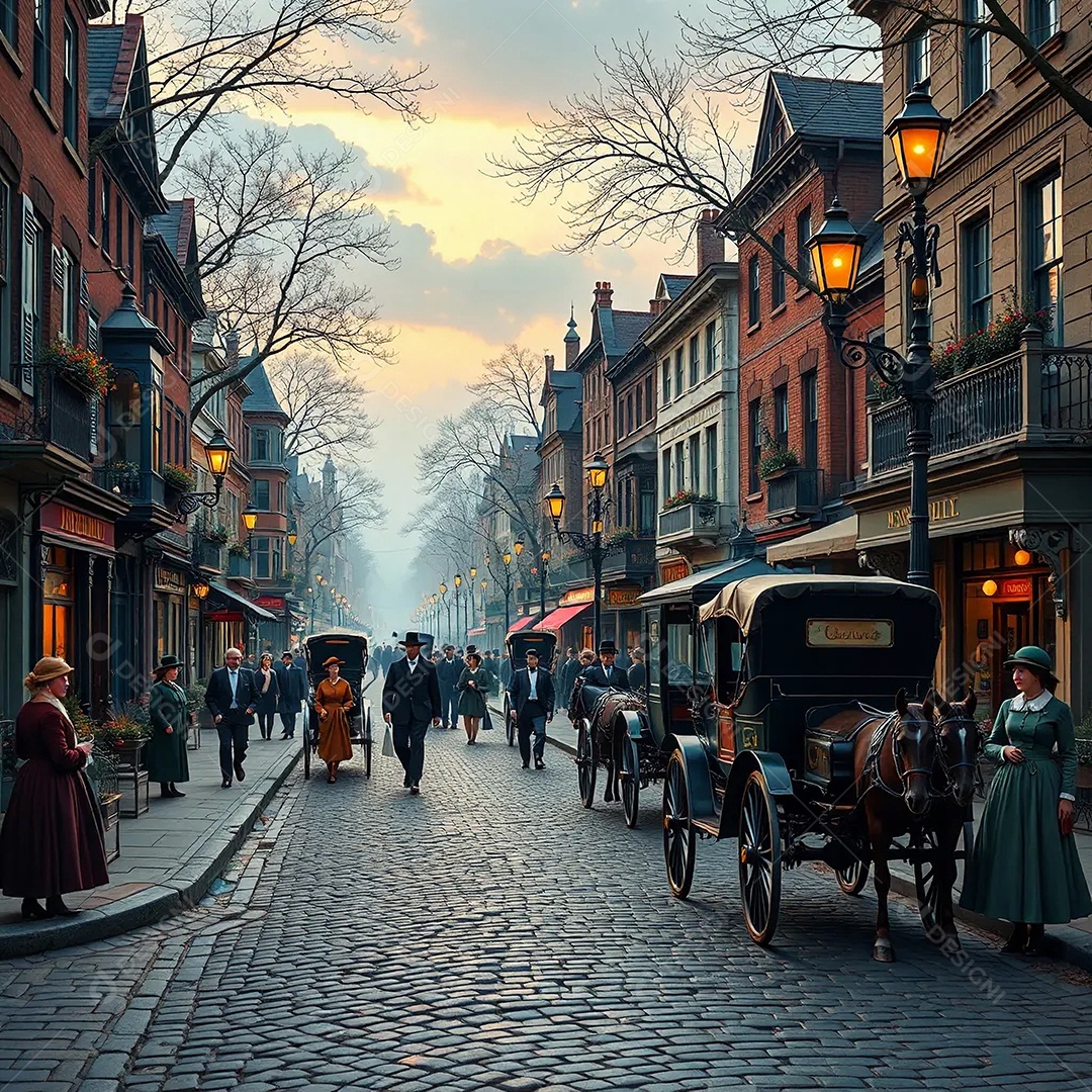 Uma encantadora rua da era vitoriana com estradas de paralelepípedos