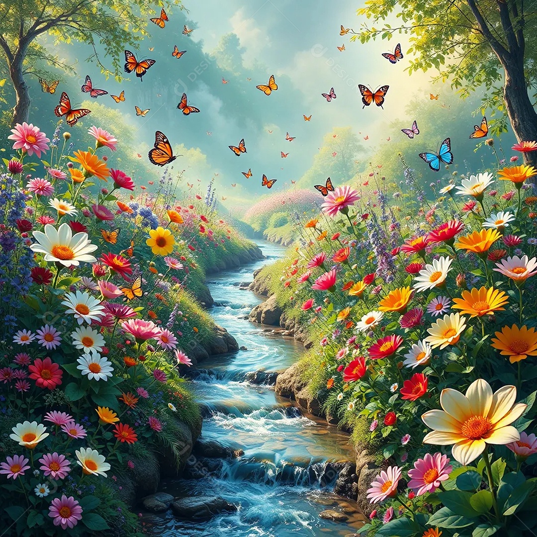 Um jardim encantado com flores desabrochando e riacho cristalino serpenteando