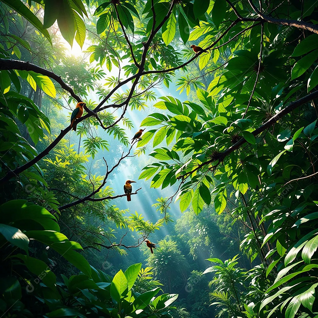Uma vista da copa de uma floresta tropical com folhas verdes vibrantes pássaros exóticos