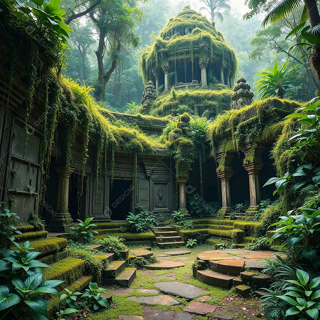 Um antigo templo de pedra coberto por uma exuberante vegetação de selva
