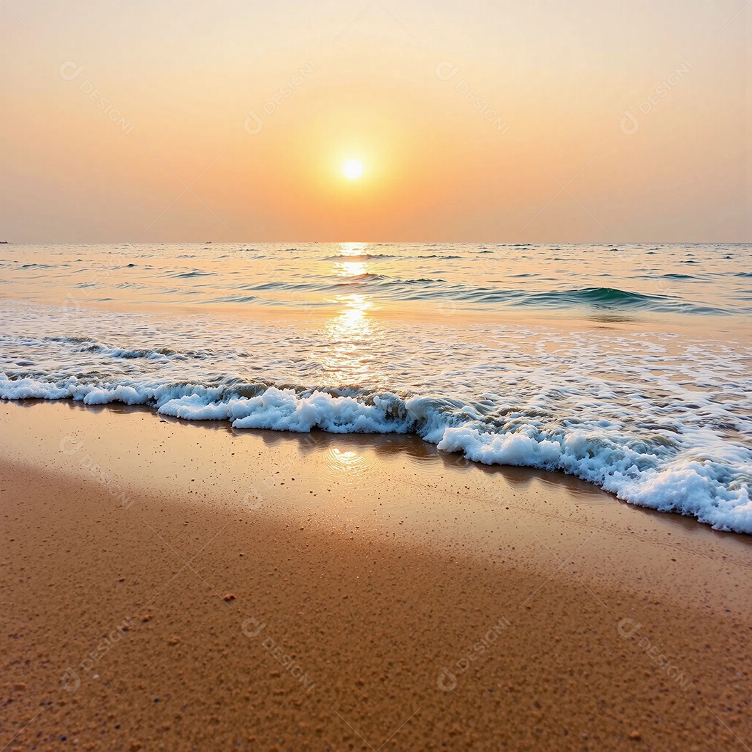 Uma cena de praia serena com ondas suaves batendo na costa