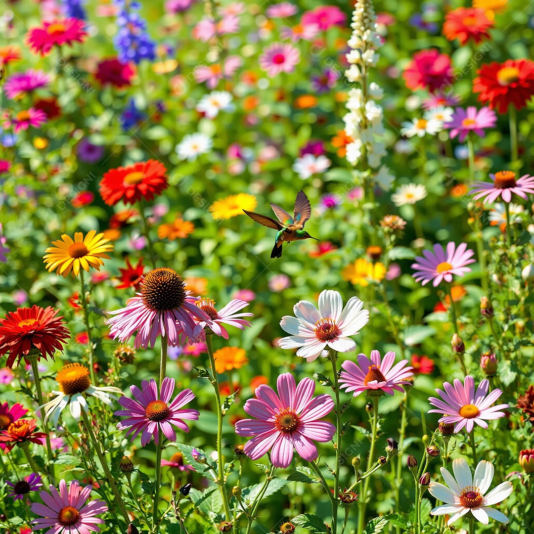 Um jardim vibrante e em plena floração com flores de diversas cores