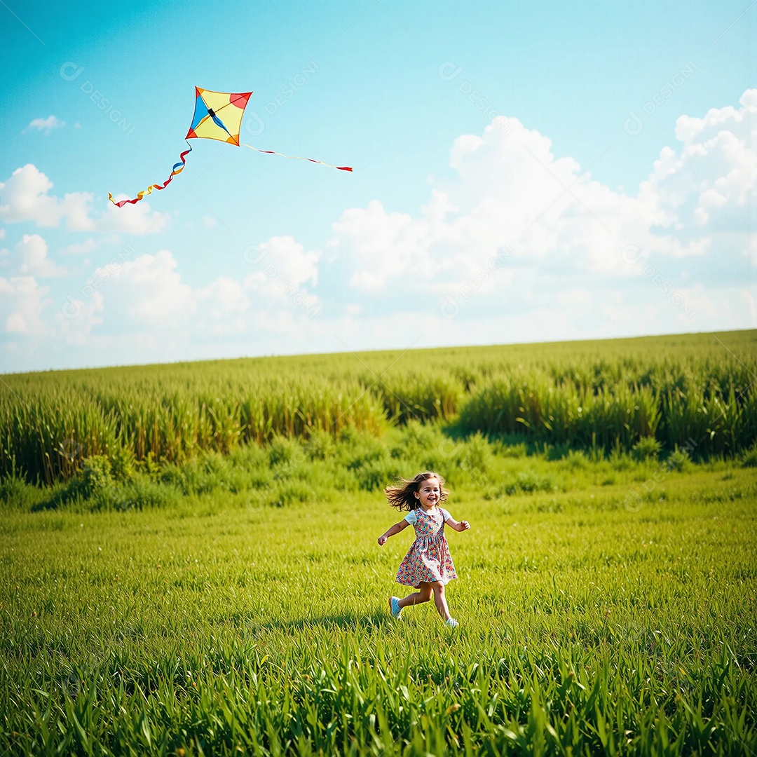 Uma criança correndo por um prado verde com uma pipa colorida voando alto no céu