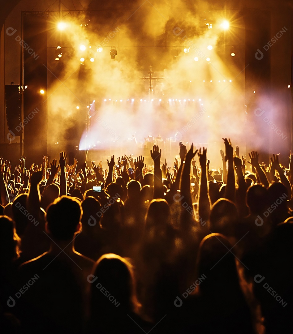 Festa da igreja no palco com pessoas com as mãos