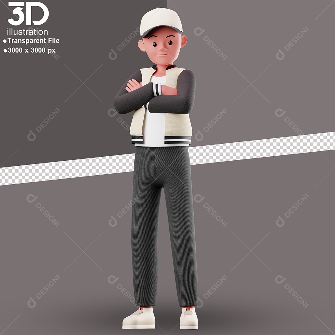 Personagem de Boné Com Braços Cruzados Elemento 3D para Composição PSD