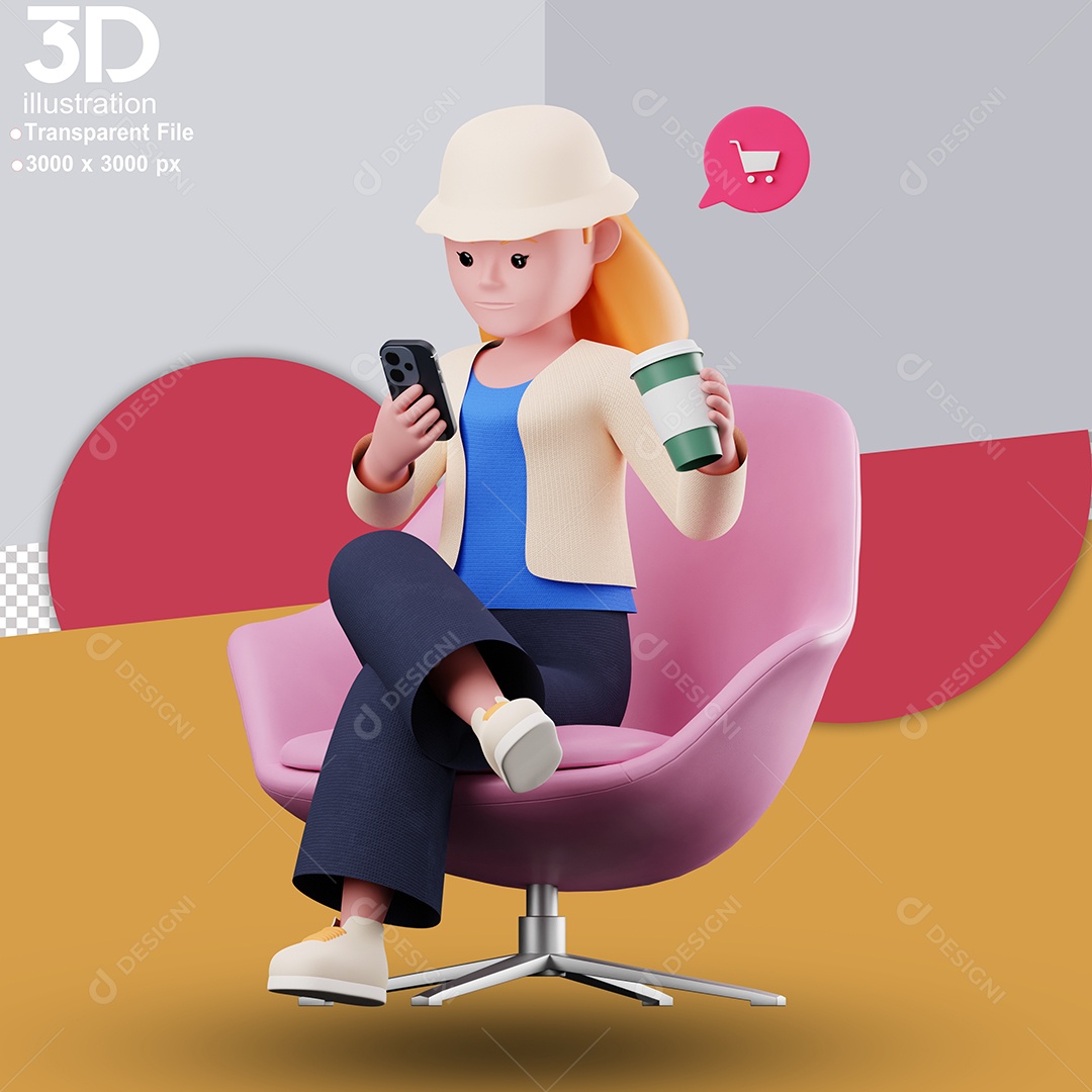 Personagem Sentada em Poltrona Mexendo no Celular Elemento 3D Para Composição PSD