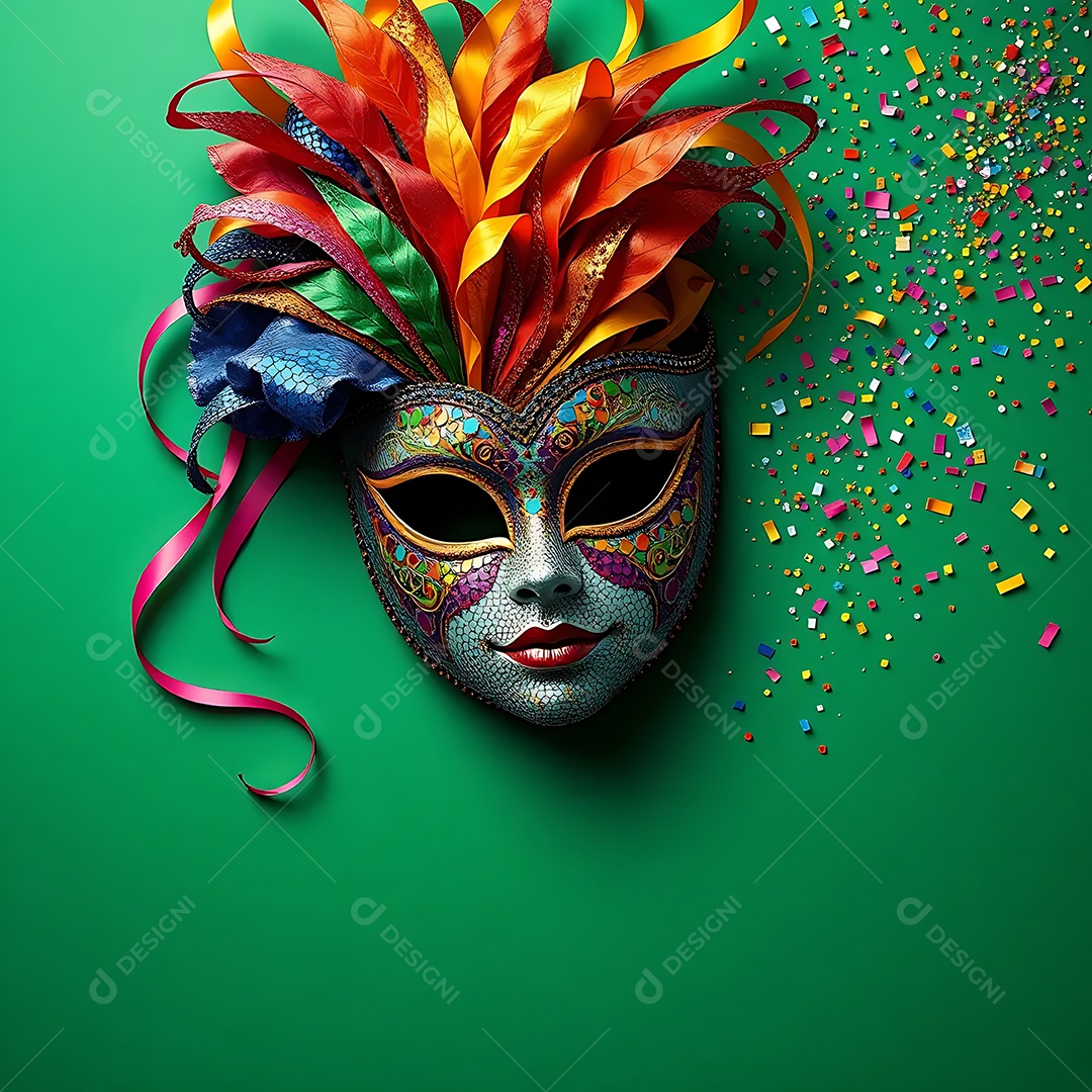 Máscara de baile de carnaval com fitas sobre fundo verde