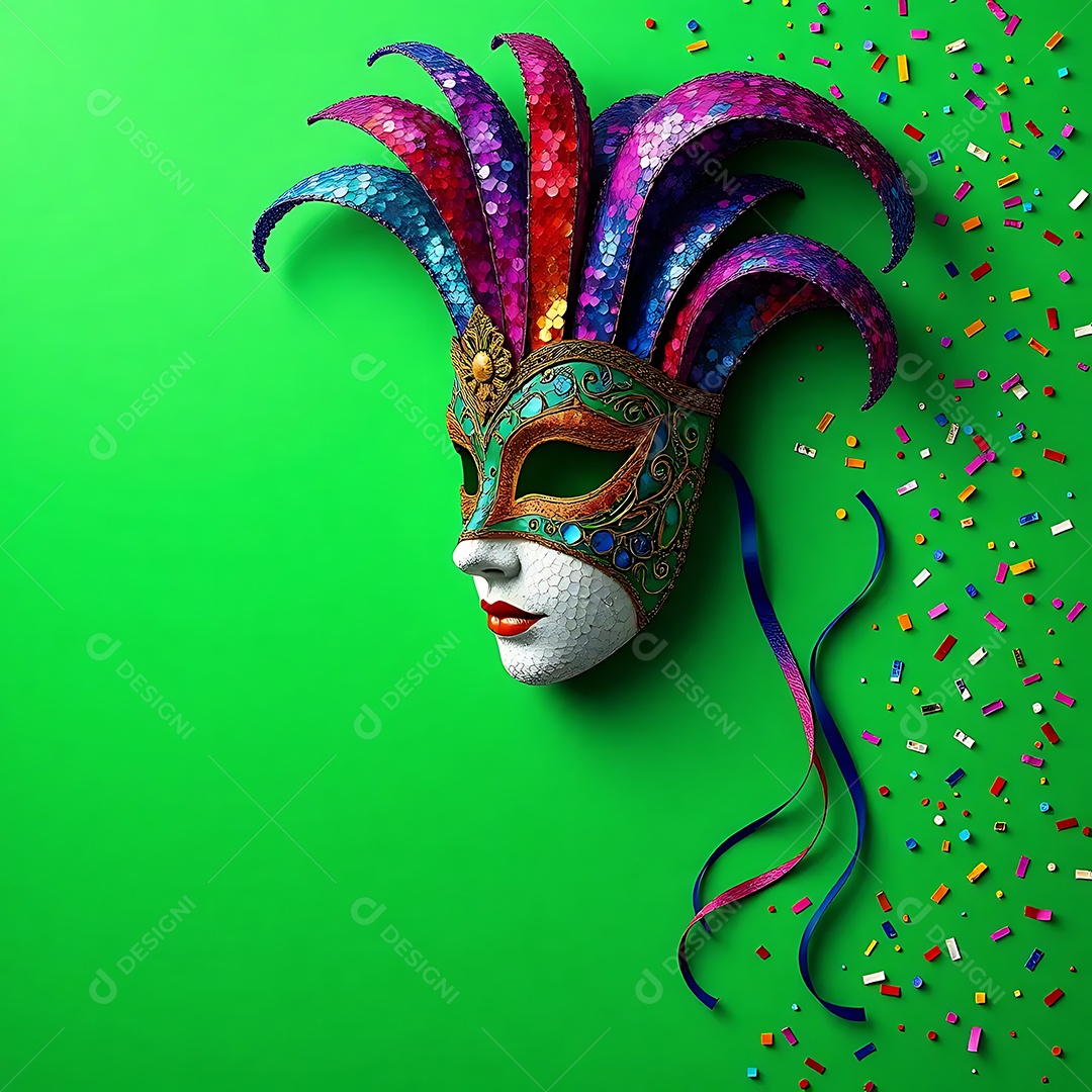 Máscara de baile de carnaval com detalhes de pena sobre fundo verde