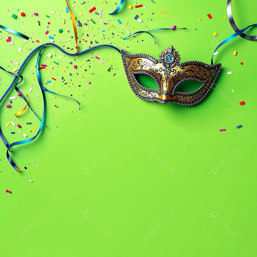 Pôster de carnaval brasileiro com máscara de baile sobre fundo verde